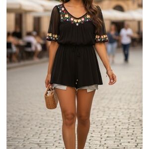 Floral Embroidered Black Top